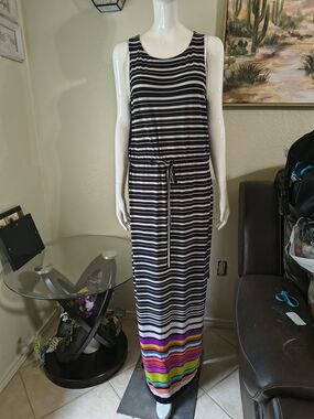 Nine West Black & White Striped Maxi Dress with Bright Stripe Hem